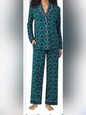 Room Service Shawl Collar Pajama Set Green Geo Pink Piping